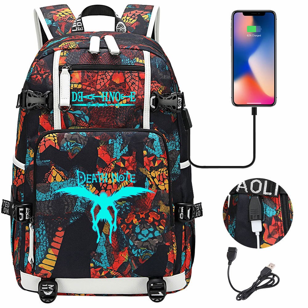 New Luminous Anime DN Death Note School Backpack Knapsack Rucksack Travel Bag Large Waterproof Multifunction USB Charging Backpack