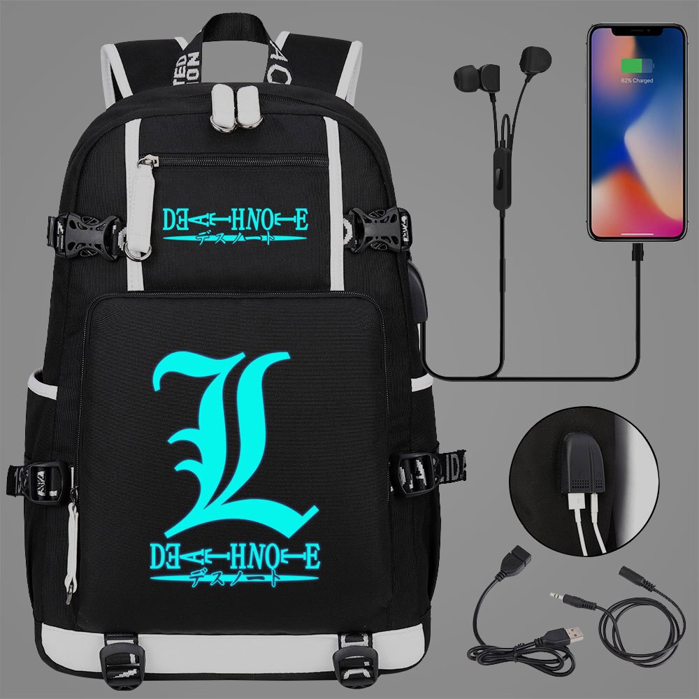 New Luminous Anime DN Death Note School Backpack Knapsack Rucksack Travel Bag Large Waterproof Multifunction USB Charging Backpack