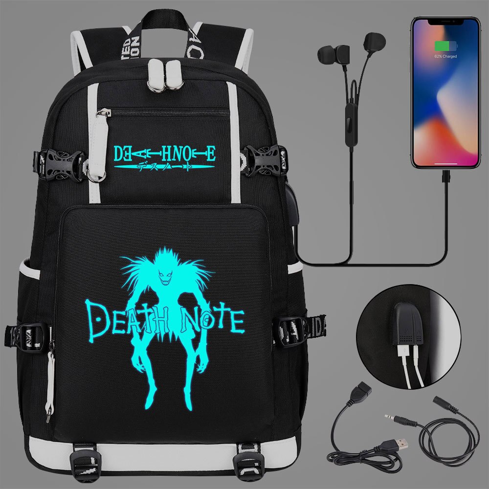 New Luminous Anime DN Death Note School Backpack Knapsack Rucksack Travel Bag Large Waterproof Multifunction USB Charging Backpack