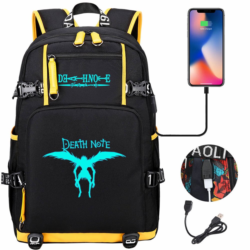 New Luminous Anime DN Death Note School Backpack Knapsack Rucksack Travel Bag Large Waterproof Multifunction USB Charging Backpack