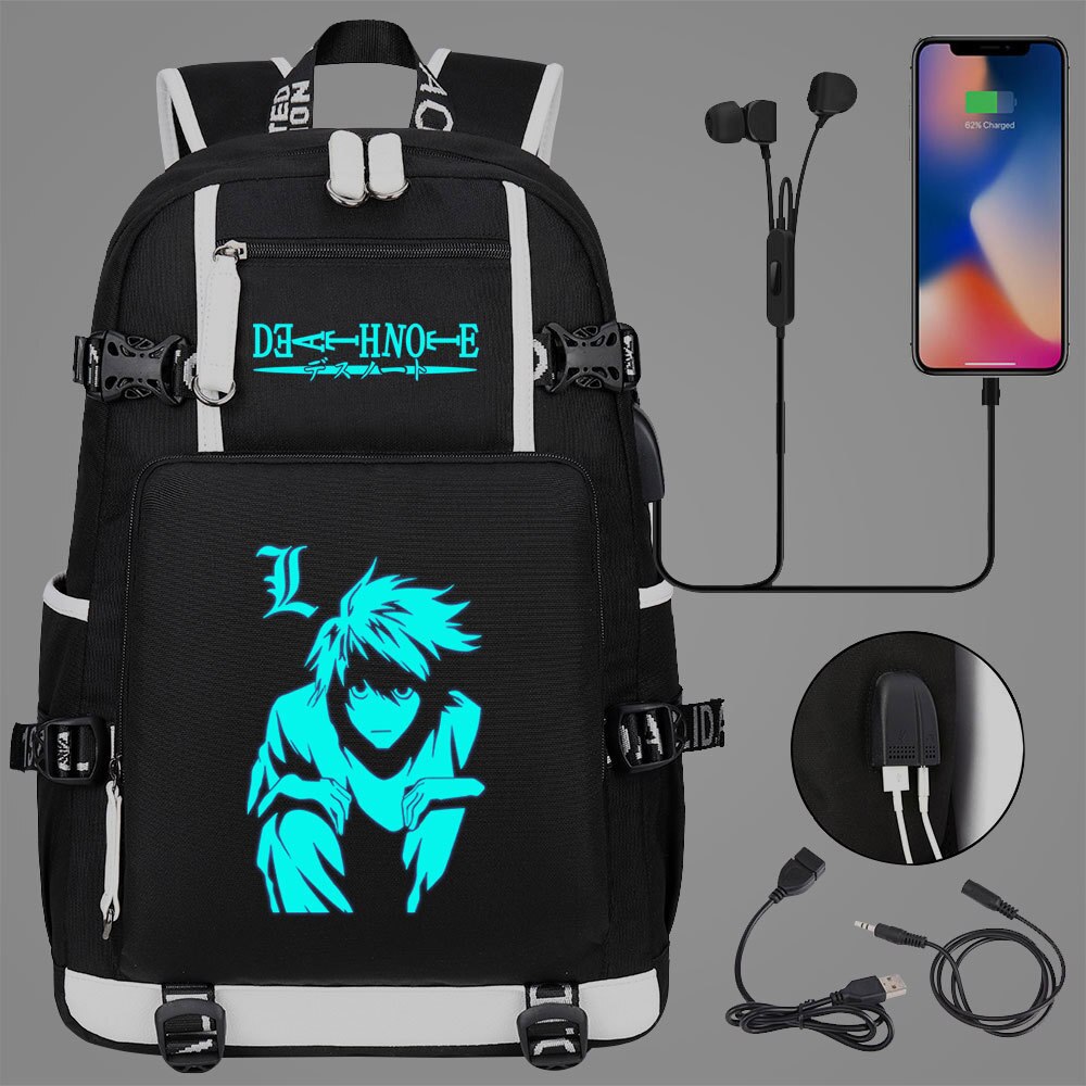 New Luminous Anime DN Death Note School Backpack Knapsack Rucksack Travel Bag Large Waterproof Multifunction USB Charging Backpack