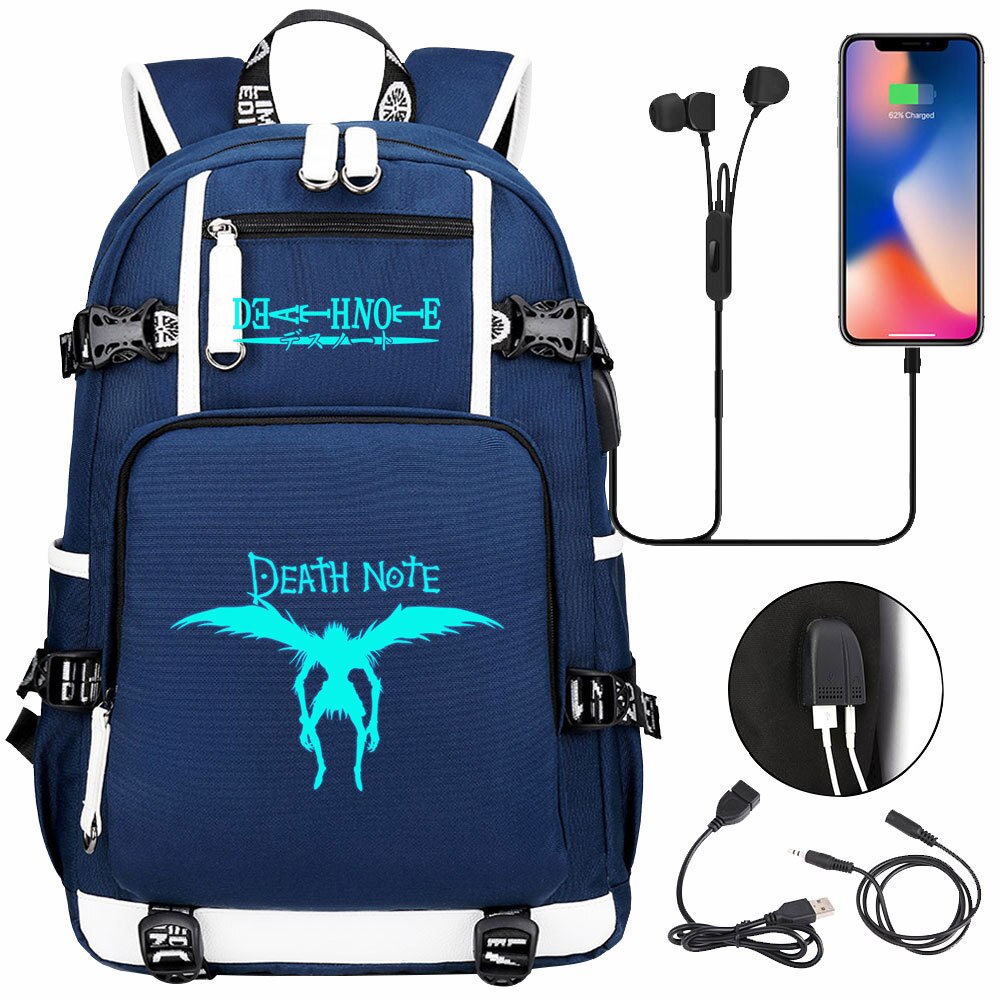 New Luminous Anime DN Death Note School Backpack Knapsack Rucksack Travel Bag Large Waterproof Multifunction USB Charging Backpack
