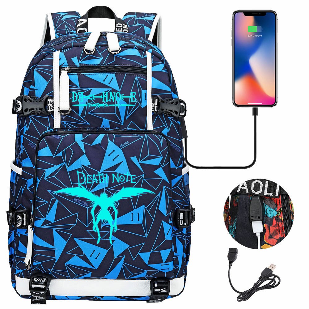 New Luminous Anime DN Death Note School Backpack Knapsack Rucksack Travel Bag Large Waterproof Multifunction USB Charging Backpack
