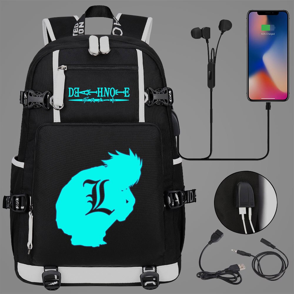 New Luminous Anime DN Death Note School Backpack Knapsack Rucksack Travel Bag Large Waterproof Multifunction USB Charging Backpack