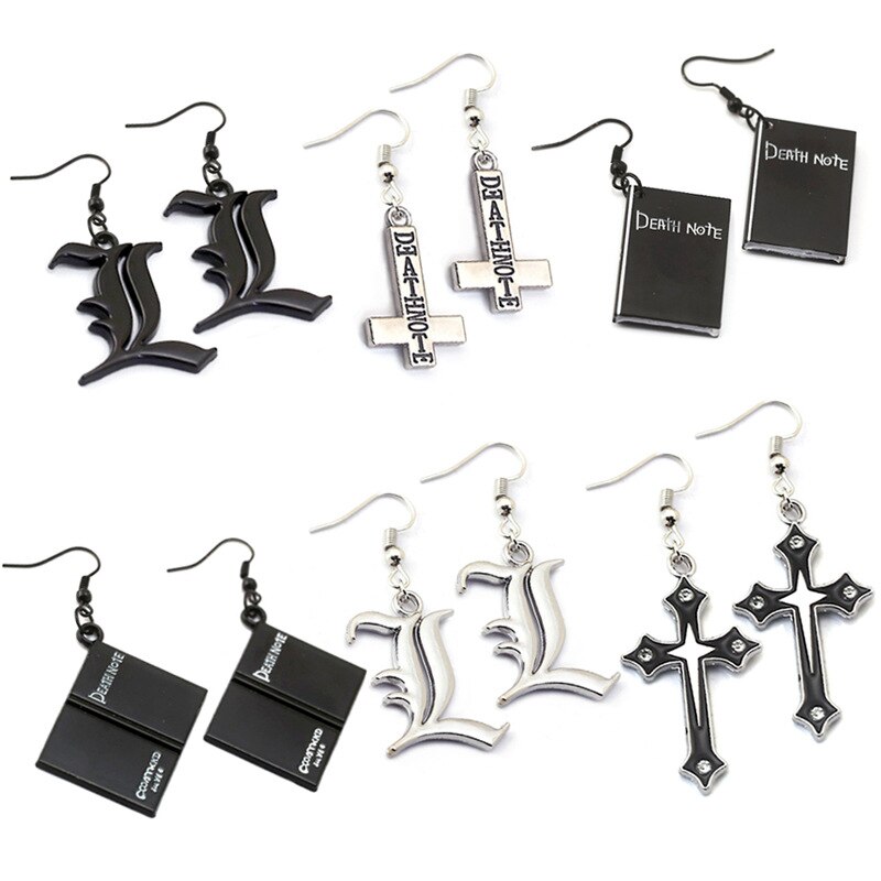 Anime DN Death Note Book Pendant Drop Earrings Stainless Steel Cross Black Anime DN Death Note Double L Earring Cosplay Jewelry Birthday gif